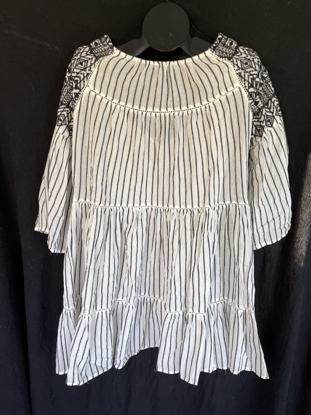 FREE PEOPLE Size S White Black Embroidery Dress Boho Peasant Cotton